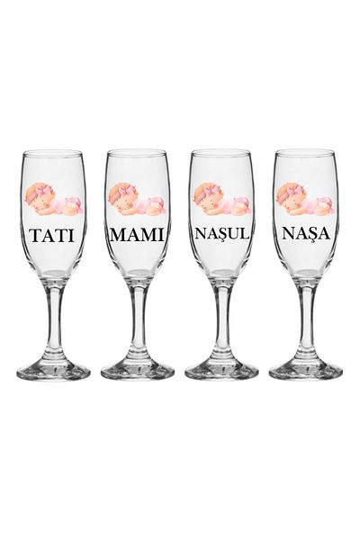 OEM Set pahare Sampanie din sticla, personalizate, Parinti si Nasi, pentru botez fetita, 4 buc