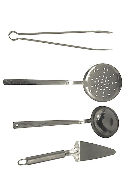 Becenhouse 4 Piece Stainless Chrome Kitchen Serving Set (Colander, Ladle, Spatula, Tongs)