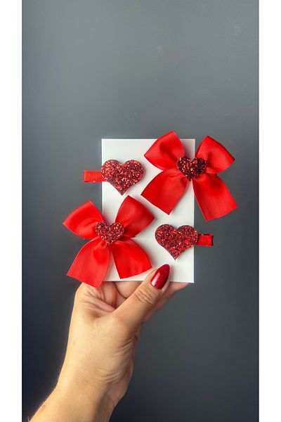 Toka Perisi Red Girl Child Baby Ribbon Heart & Heart Clip Buckle Set