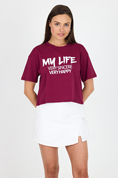 Rays Μπλουζάκι με στάμπα μπορντό 100% βαμβακερό Crop 9187M