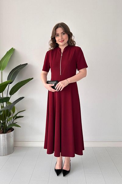 MaziButik Collar Zipper Crepe Dress Burgundy