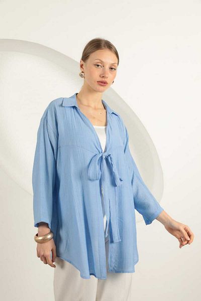 LE CARAMBOLE Cardigan kimono de vară cu guler de cămașă cu șireturi albastre pentru femei