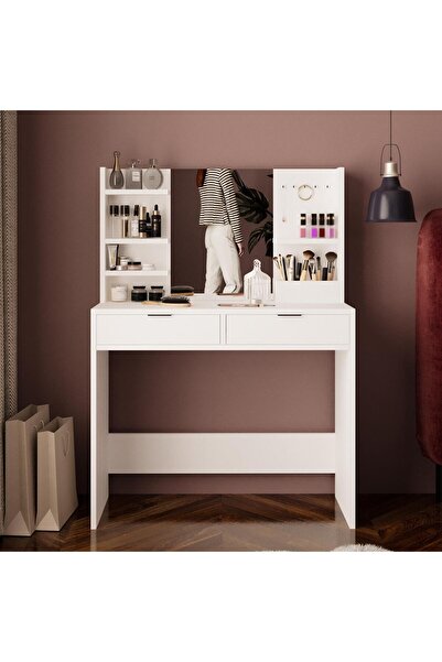 Bimossa A5050 Diena Takı Askılı Raflı Makyaj Masası Aynalı Beyaz Aynalı Kancalı Takı Düzenleyici