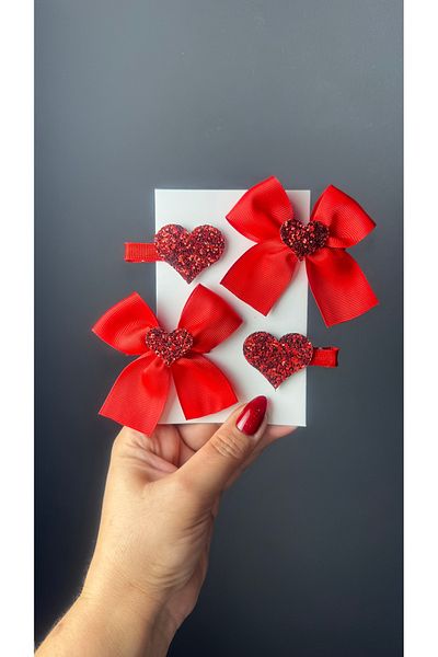 Toka Perisi Red Girl Child Baby Ribbon Heart & Heart Clip Buckle Set