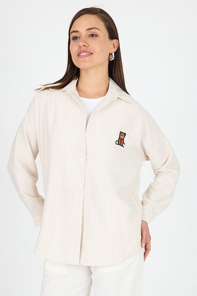Rays Cămașă oversize din bumbac brodat cu ursuleț de pluș bej 4689A