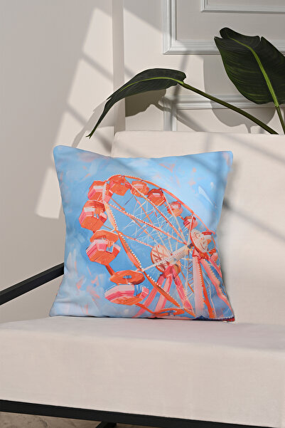 decofav Husă de pernă albastră Carnival Dream Ferris Wheel cu ilustrație – 43...