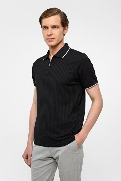 SÜVARİ Siyah Slim Fitilli Polo Yaka Tişört