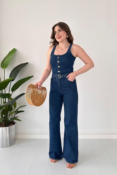 MaziButik Flare Denim Jumpsuit with Straps Navy Blue