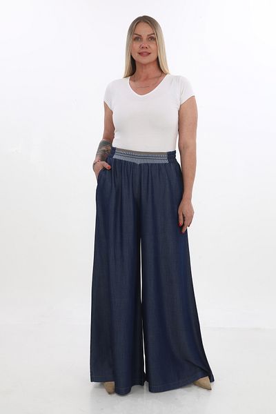 EXİTLİNE Women's Wide Leg Summer Navy Blue Trousers with Elastic Waist Belt