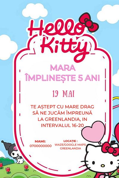 OEM Set 10 invitatii personalizate pentru aniversare copii, plic inclus, 10x15 cm, tematica Hello Kitty
