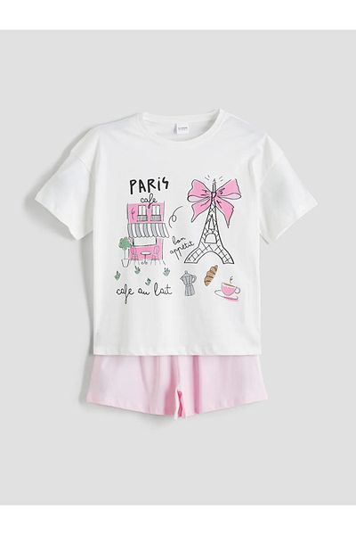 LC Waikiki طقم بيجامة LCW Kids Ecru Crew Neck Paris مطبوع عليه شورت للفتيات