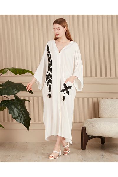 EL jadida Women's Embroidered Buttoned Plus Size Viscose Long Dress White