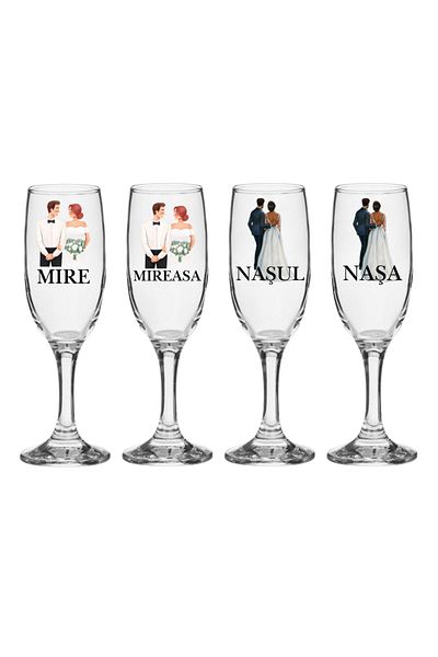OEM Set pahare Sampanie din sticla, personalizate, Miri si Nasi, pentru nunta, model 2