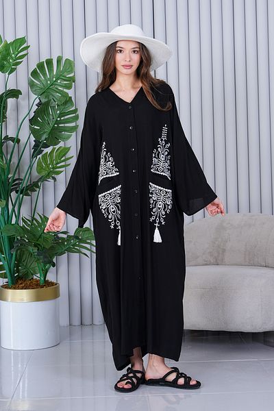 EL jadida Women's Embroidered Buttoned Plus Size Viscose Long Dress Black