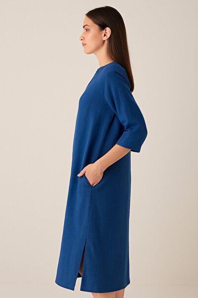 Çeşme Home Cobalt Blue Linen Dress with Pockets – Summer V-Neck Relaxed Fit Casual Dress (S-M / L-Xl)