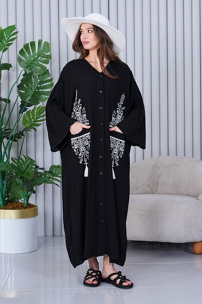 EL jadida Women's Embroidered Buttoned Plus Size Viscose Long Dress Black