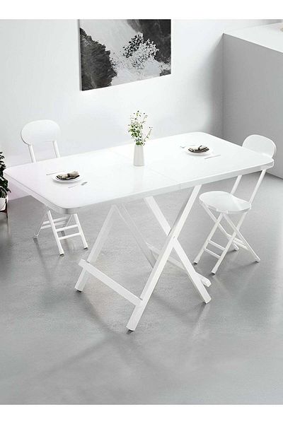 Taimi White Folding Dining Table, Rectangle Table, Portable Table for Kitchen, Dining Room, 120x60x74cm