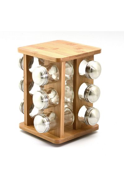 Bien Servi 12-Piece Bamboo Spice Jar Set with Rotating Stand Clear and Brown