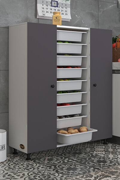 Kenzlife Sepetli Kapaklı Mutfak Dolabı Hürrem Gribyz 122*105*32 Erzak 9 Sepetli