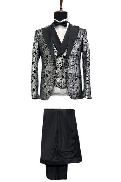 OEM Formal Suit, Slim Fit, 5 Pieces, Jacket and Vest with Floral Pattern, Black