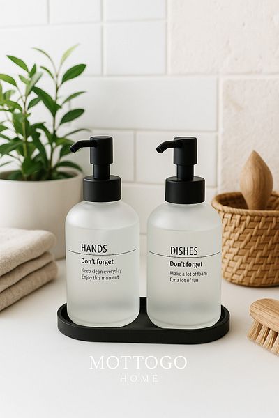 Mottogo Glass Liquid Soap Dispenser and Detergent Dispenser Set – 2 Pieces (with Stand)