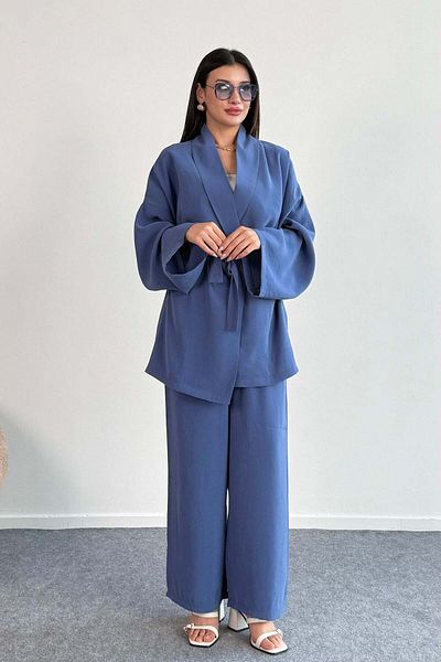 Hatun Atila Tie-Up Kimono Jacket and Wide Leg Pants Two-Piece Set 8026 - Indigo