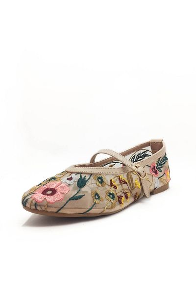 GDT Ayakkabı Balerini de damă cu plasă de culoare bej cu motiv floral