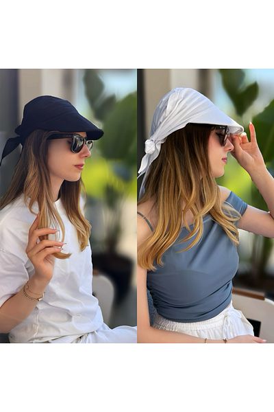 ZERAMİNE Women's Tie-Up Visor Hat Beach Hat 2-Piece Black White