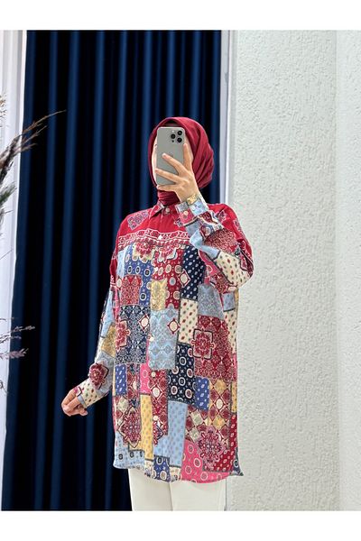 Mihra Πουκάμισο με σχέδιο βισκόζης Yelenya-PE204 Claret Red