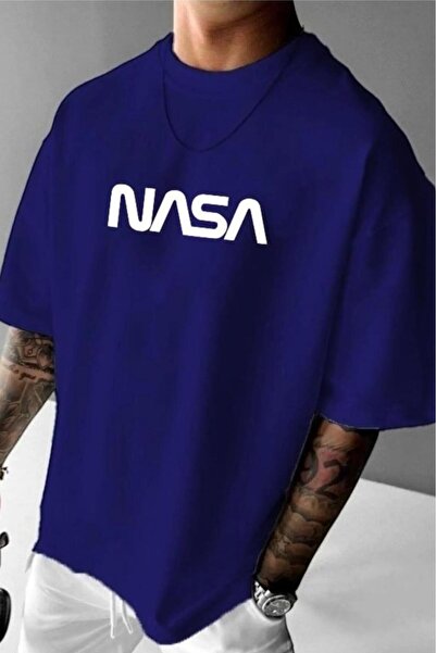 NO 601 تيشيرت رجالي كبير الحجم مطبوع عليه Saks Blue Nasa