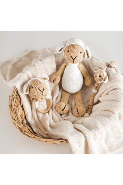 tinylamb Lamb Ailesi 4 Parça | Bebek Uyku Arkadaşı - Çıngıraklı Diş Kaşıyıcı - Emzik Tutucu - Triko Battaniye