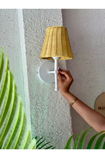 Maison Avf Sarı Rattan Kablosuz Pilli Duvar Aydınlatması Aplik - Alt Beyaz
