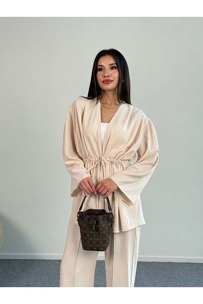 Hatun Atila Long Sleeve Blouse with Rhinestone Ruffle Tie Detail and Wide Leg Pants Two Piece Set 8022 - Beige