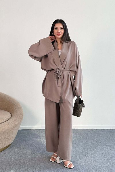 Hatun Atila Tie-Up Kimono Jacket and Wide Leg Pants Two-Piece Set 8026 - Mink