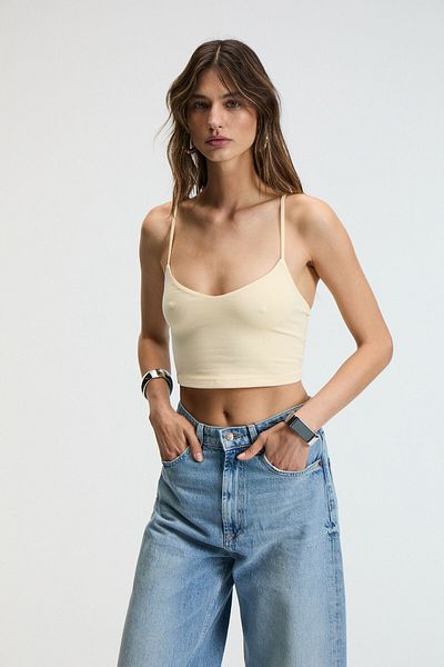 GRIMELANGE Lumina Women's Slim Crop Yellow Tank Top with Thin Adjustment Strap