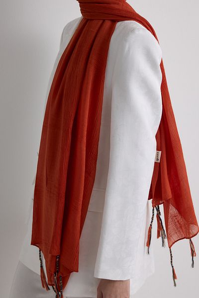 FENZA SCARF Brice Red-Orange Long Fringe Tassles Cotton Shawl