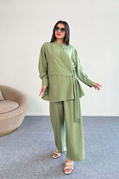 Hatun Atila Lacing Detailed Shirt and Wide Leg Pants Double Set 2519 - Green