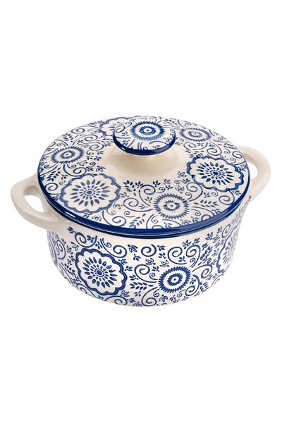 e-store Ceramic Soup Bowl with Lid, Blue and White, 600 ml