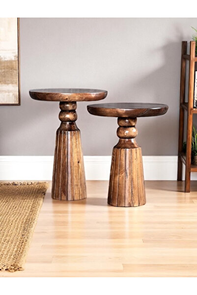 ASELYA HOME Doğal Ahşap 2’li Set Mantar Yan Sehpa Modern Fiskos Zigon Çiçeklik