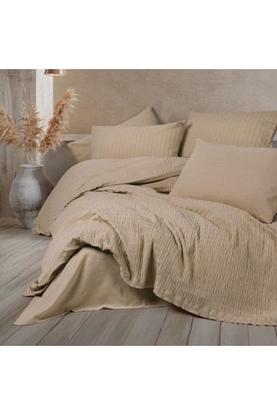 Cotton Box 6-piece double bed linen with pleated pattern, Cotton Box, Liny Sungai Salmon Beige