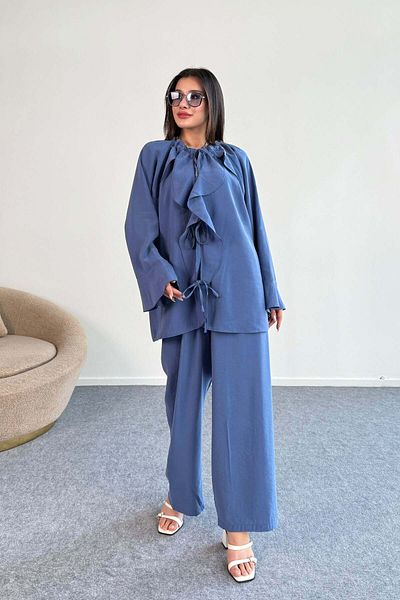 Hatun Atila Ruffle Tie-Up Detail Shirt and Wide Leg Pants Two-Piece Set 2027 - Navy Blue