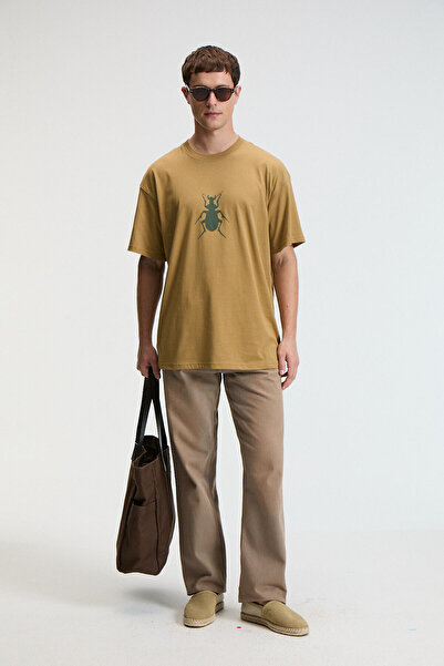 GRIMELANGE BOLD Ανδρικό 100% βαμβακερό μπλουζάκι με στάμπα με κοντό μανίκι στρογγυλό γιακά σκούρο μπεζ