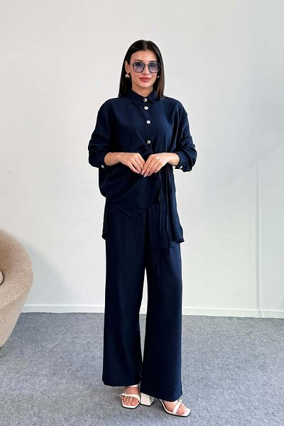 Hatun Atila Shirring Detailed Shirt and Wide Leg Pants Two Piece Set 2504 - Black