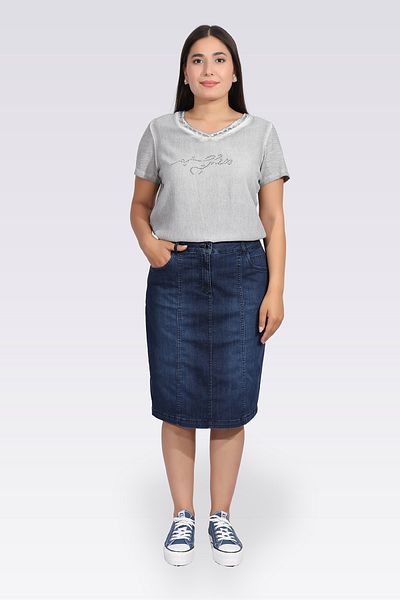 TOLGA SARAÇOĞLU 20040 Dark Blue Midi Length Denim Skirt