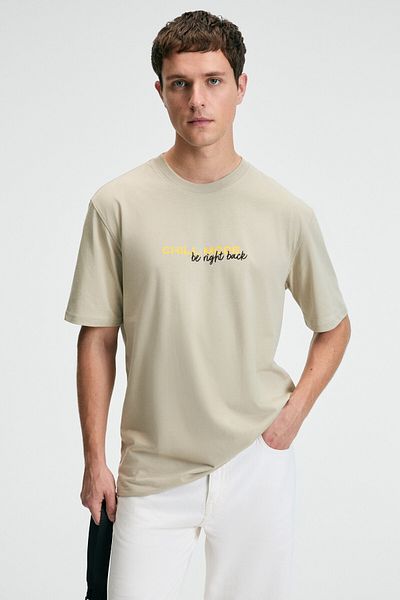 GRIMELANGE Fresh Men's 100% Cotton Oversize Fit Printed Short Sleeve Round Neck Stone Color T-Shirt