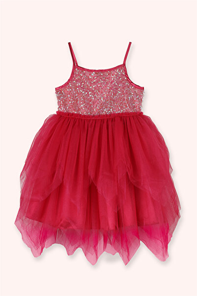 Panço Kız Bebek Pul Detaylı Fuşya Abiye Elbise