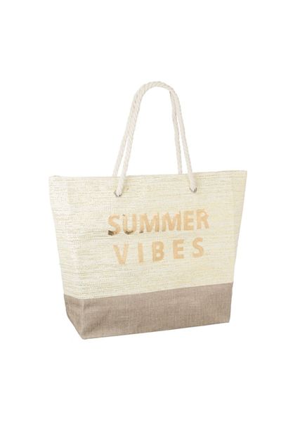 e-store Geantă de plajă, bej, design „Summer vibes” cu paiete aurii
