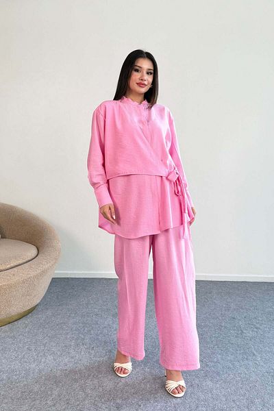 Hatun Atila Lacing Detailed Shirt and Wide Leg Pants Double Set 2519 - Pink