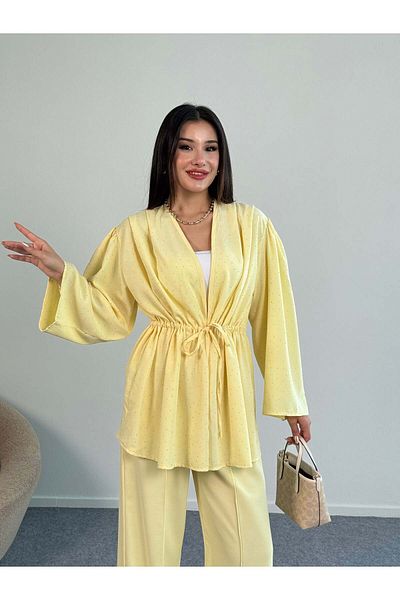 Hatun Atila Long Sleeve Blouse with Rhinestone Ruffle Tie Detail and Wide Leg Pants Two Piece Set 8022 - Yellow