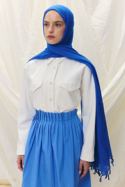 FENZA SCARF Lilyum Saks Blue Fringe Tassled Cotton Shawl
